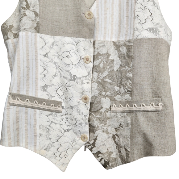 Rag Retro Vintage Quilted Patchwork Lace Burlap Vest Women's Size 1X - Picture 4 of 8